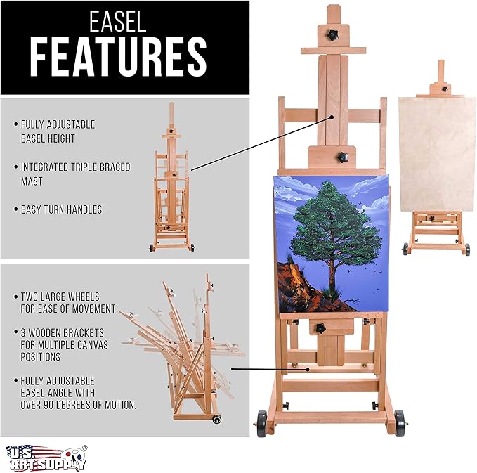 U.S. Art Supply Master Multi-Function Studio Artist Wooden Floor Easel - Large Heavy Duty Adjustable H-Frame, Tilts Flat, Mast Adjusts to 97" High - Beechwood Painting Canvas Holder Stand with Wheels