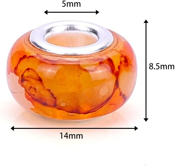 100 Pieces 14mm European Large Hole Spacer Beads Mix Color with Silver Brass Cores Assortments Charm Lampwork Beads Supplies for Necklace Bracelets Jewelry Making (Golden Wire Water Pattern)