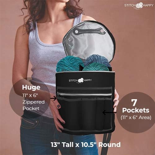 Designer Stitch Happy Crocheting Kit: 52 Piece Crochet Kit for Beginners & 7 Pocket Yarn Bag, Signature Yarn Storage - Black