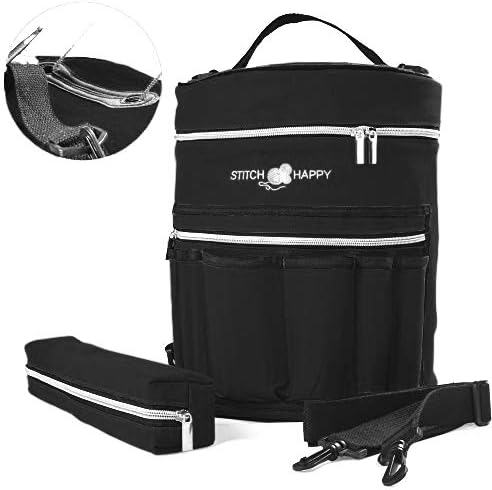 Designer Stitch Happy Crocheting Kit: 52 Piece Crochet Kit for Beginners & 7 Pocket Yarn Bag, Signature Yarn Storage - Black