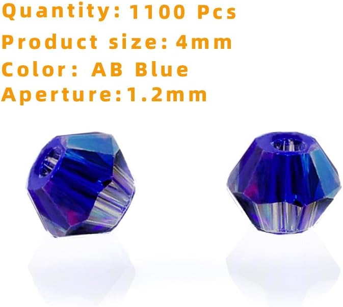1100PCS 4mm Bicone Crystal Glass Beads for Jewelry Making, Sparkling Mini Beads for Suncatchers, DIY Bracelets & Craft Projects (AB Blue)