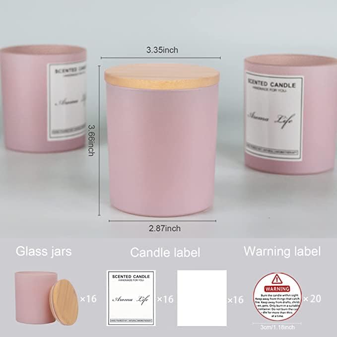 Creahaus 10oz, 16 Pack Thick Candle Jars with Bamboo Lids for Making Candles, Bulk Pink Empty Glass Candle Containers & Sticky Labels, Warming Labels Kit, Heat Resistant Candle Vessels