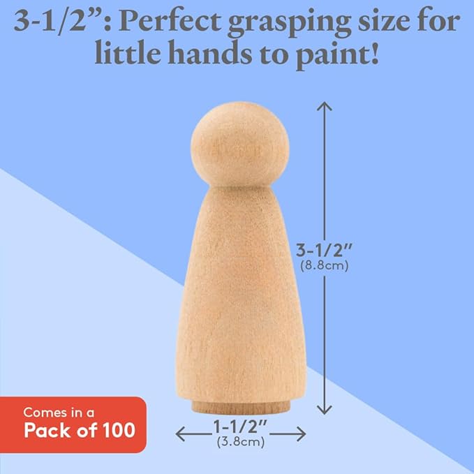 Wood Peg Dolls Large 3-1/2 inch, Mom/Angel Shape Peg People, Pack of 100 Unfinished Jumbo Peg Dolls to Paint
