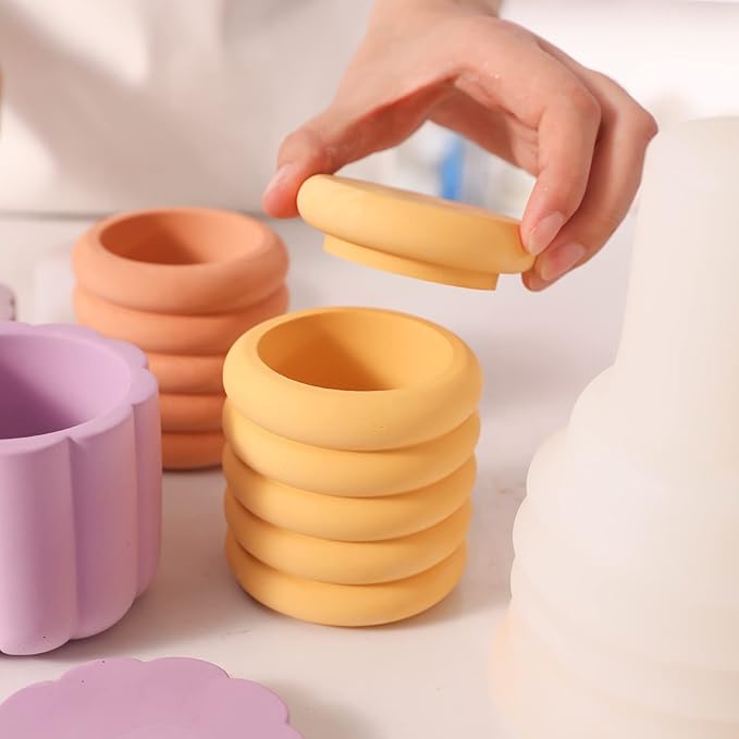 BOOWAN NICOLE Concrete Candle Jar Mold with Lid Cement Storage Pot Silicone Mould DIY Planter Making Tools