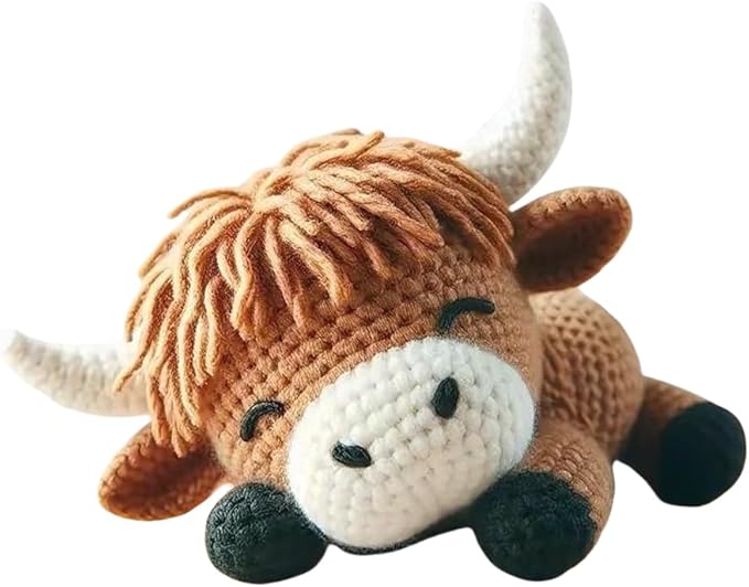 Highland Cow DIY Crochet Kit for Beginners, Brown Handmade Animal Soft with Yarn, Tools and Instructions, Cute Highland Cattle Birthday Gift for Adults, 23cm x 17cm x 6cm