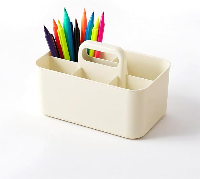 Multipurpose Caddy Organizer with Handle, 9.6'' x 6.1''x 4.3'' Large Stackable Plastic Craft Storage, Portable Pen Holder 5 Dividers for Art Supplies, Colored Pencils, Stationery, Markers, Makeup