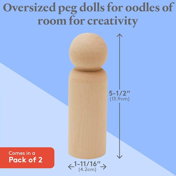 Large Wood Peg Dolls, 5.5 Inch Dad Shape Peg People - Pack of 2 Unfinished Birch Wooden Dolls for Play