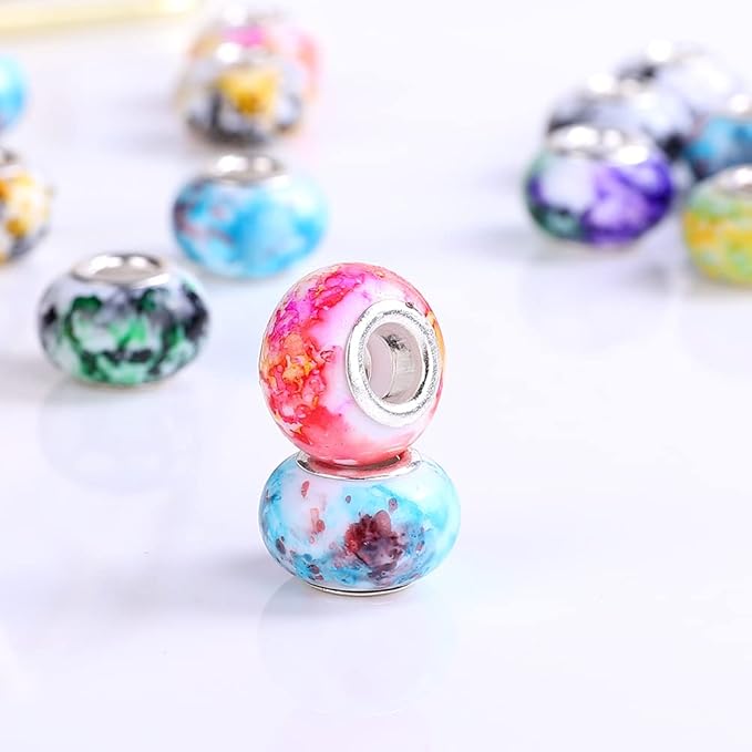 100 Pieces 14mm European Large Hole Spacer Beads Mix Color with Silver Brass Cores Assortments Charm Lampwork Beads Supplies for Necklace Bracelets Jewelry Making (Water Pattern)