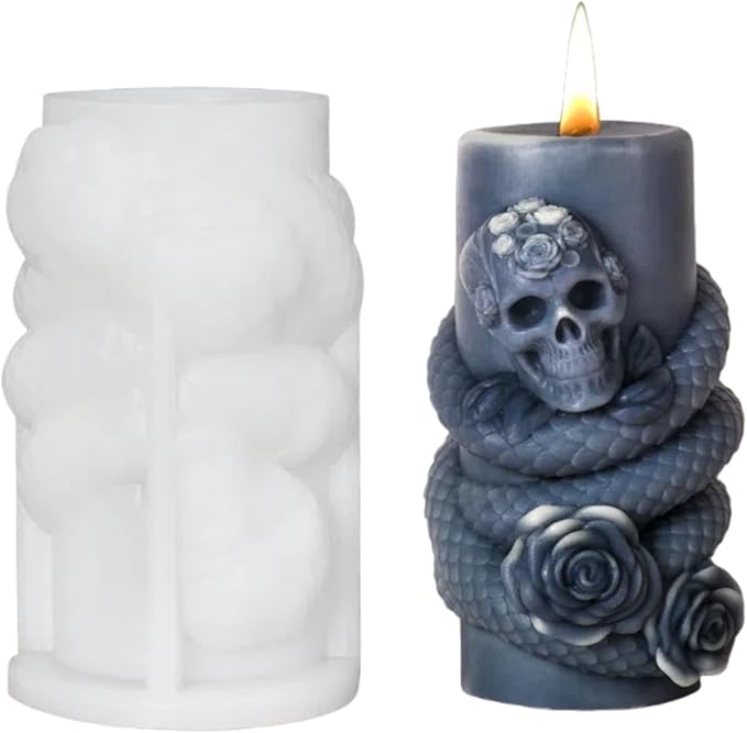 Snake Skull Silicone Mold, Cylinder Candle Mold with Coiling Snake for Halloween Candle Making, Resin, Clay Craft, Aromatherapy Gypsum, Home Decor (Snake and Skull B)