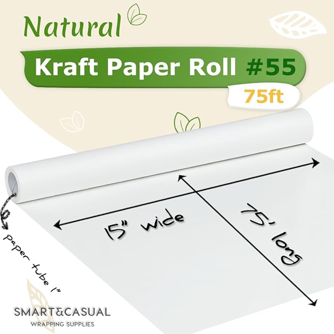 SMART&CASUAL 15" x 900" (75') Kraft Paper Roll for Art Craft Supplies Gift Wrapping Moving Packing Kids Painting Drawing Paint Easel Poster Chart Paper (White, 15" W x 900" L (75'))