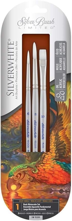 Silver Brush Limited SW-1520S Silverwhite Basic Watercolor Set for Watercolor Painting, Set of 3, #10 Bright, #6 & #8 Round Brushes, Short Handle