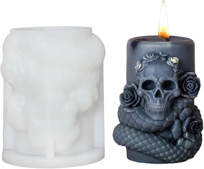 Snake Skull Silicone Mold, Cylinder Candle Mold with Coiling Snake for Halloween Candle Making, Resin, Clay Craft, Aromatherapy Gypsum, Home Decor (Snake and Skull D)