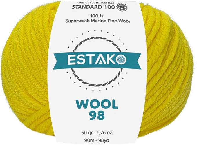 Estako Wool 98 100% Superwash Merino Wool Medium Worsted Weight Soft Knitting and Crochet Yarn 1.76 oz (50gr) 98 yds (90 m) (6366-Yellow)