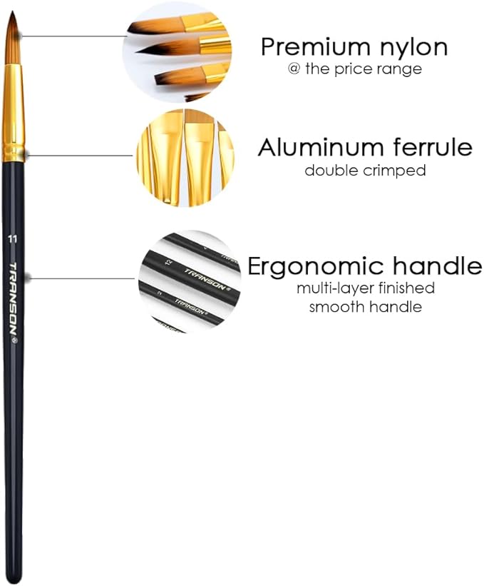Transon Art Painting Brush Assorted Set of 12 for Acrylic Watercolor Gouache Hobby Painting
