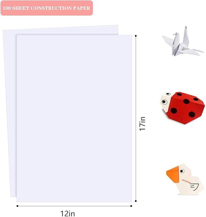 100 Sheets Arts Craft Paper for Drawing 12” x 17” White Construction Paper for Coloring, Creating, School Art Project Supplies, Standard Weight