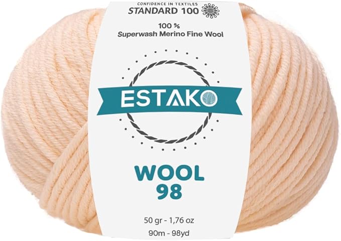 Estako Wool 98 100% Superwash Merino Wool Medium Worsted Weight Soft Knitting and Crochet Yarn 1.76 oz (50gr) 98 yds (90 m) (6351-Peach Puff)