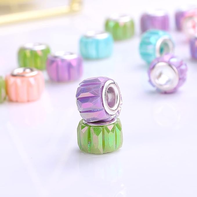 100 Pieces 14mm European Large Hole Spacer Beads Mix Color with Silver Brass Cores Assortments Charm Lampwork Beads Supplies for Necklace Bracelets Jewelry Making (Opaque Baguette Diamonds)