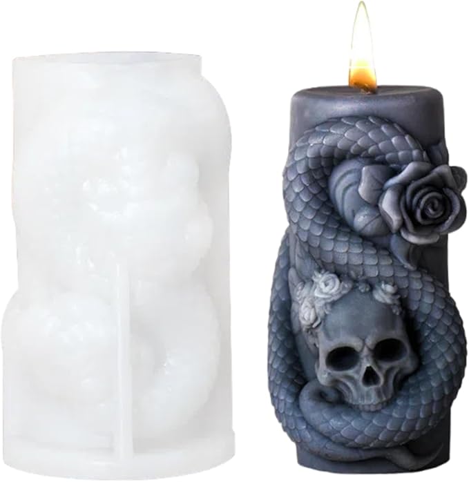 Snake Skull Silicone Mold, Cylinder Candle Mold with Coiling Snake for Halloween Candle Making, Resin, Clay Craft, Aromatherapy Gypsum, Home Decor (Snake and Skull A)