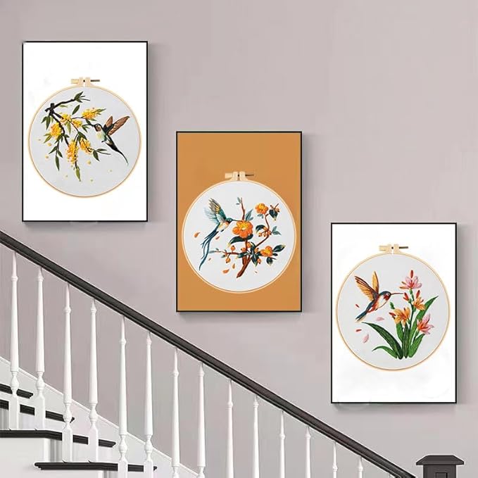 Konrisa 3 Pcs Hummingbird Flowers Embroidery Kits for Beginner, Cross Stitch Kit, DIY Sewing Practice Needlepoint Kits for Adults,Set of 3