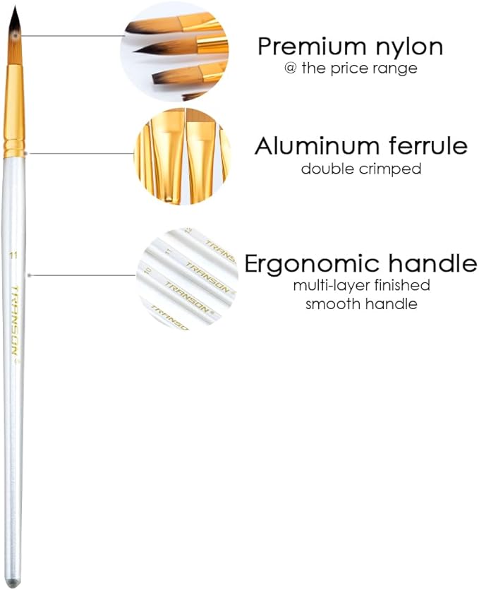 Transon Art Painting Brush Assorted Set of 12 for Acrylic Watercolor Gouache Hobby Painting White