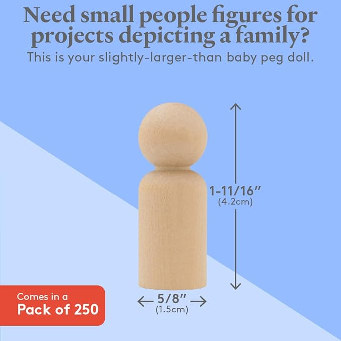 Small Wooden Peg Dolls Unfinished 1-11/16 inch, Boy Shape, Pack of 250 Birch Wood Peg People for Crafting and Small World Play