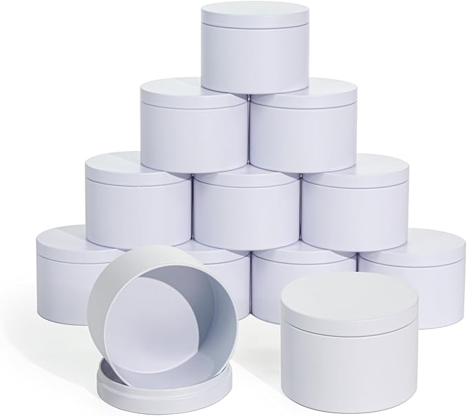 Tins With Lids, 3 Wicks Containers 12 Pack 14oz/420ml Seamless Bulk for Candle Making Supplies Wholesale Empty Jars - White