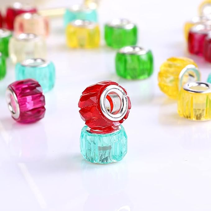 100 Pieces 14mm European Large Hole Spacer Beads Mix Color with Silver Brass Cores Assortments Charm Lampwork Beads Supplies for Necklace Bracelets Jewelry Making (Baguette Diamonds)