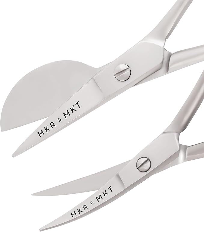 Small Embroidery 4.5 Inch Scissors Set of 2 Kit - Mini Double Bend Offset Duckbill and Double Bend Long Applique Needlepoint Blade with Pouch Sleeve (Satin)