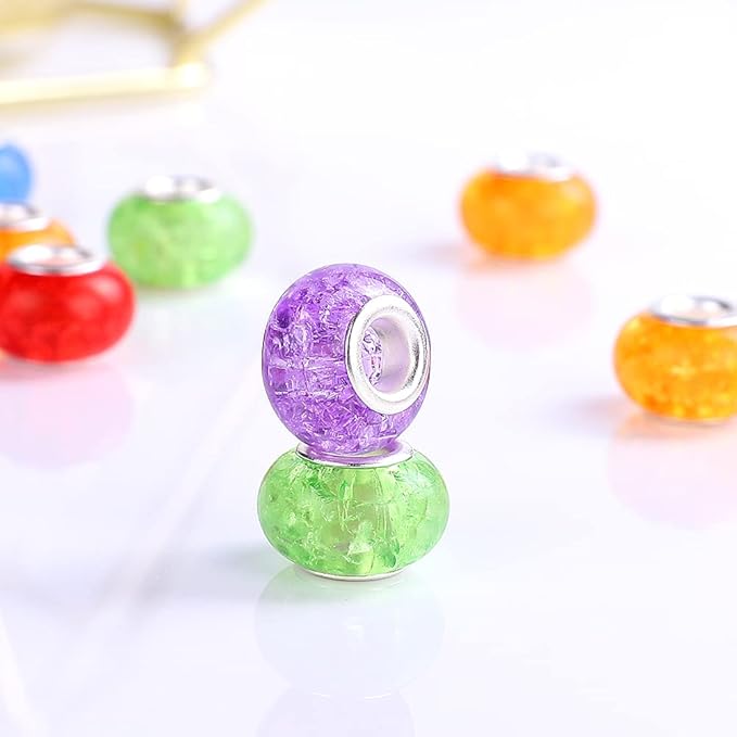 100 Pieces 14mm European Large Hole Spacer Beads Mix Color with Silver Brass Cores Assortments Charm Lampwork Beads Supplies for Necklace Bracelets Jewelry Making (Crack transparent)