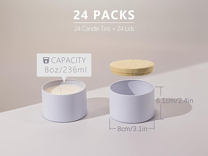 Aroparc Candle Tins 8oz with Lids, 24 Pack Seamless Candle Containers for Candle Making Supplies Empty Candle Jars - Wood Grain Lids White Tins