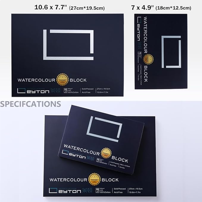 Non-Warping 100% Cotton Watercolor Paper Block - 20 Sheets of 160lb/350gsm Hot Press Water Color Art Supplies for Wet, Dry, and Mixed Media Painting, for Watercolor, Gouache, Acrylic (7 x 5'')