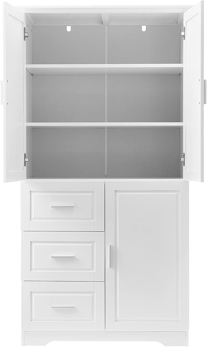 Large Storage Cabinet with 3 Doors and 3 Drawers, Freestanding Cabinet with Adjustable Shelves, Tall Modern Versatile Cupboard for Home Office Livingroom (White)