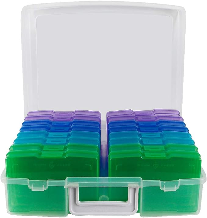 novelinks Transparent 4" x 6" Photo Organizers and Photo Storage Box with Handle, 16 Inner Photo Cases, Portable Picture Organizers & Photo Storage Containers (Cool-Colored)