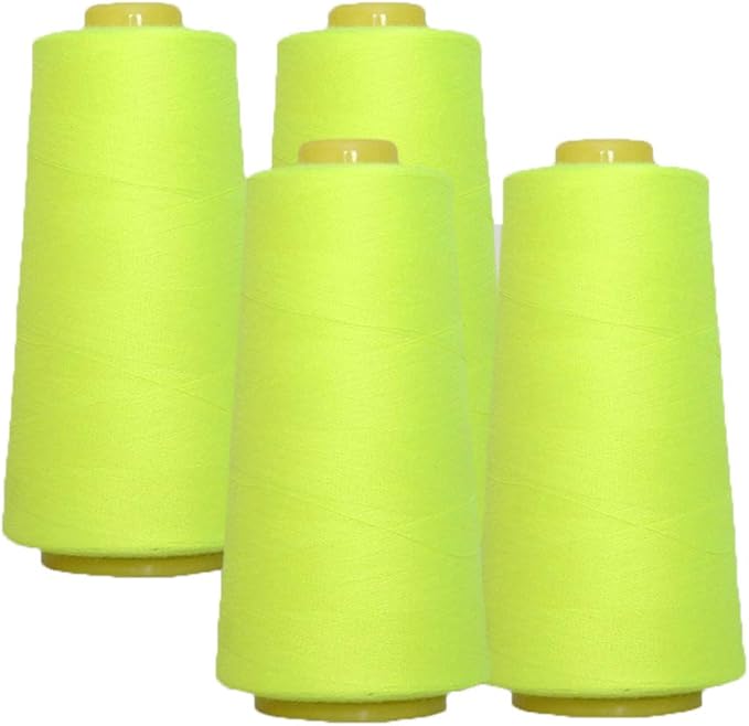 AK Trading 4-Pack NEON Yellow All Purpose Sewing Thread Cones (6000 Yards Each) of High Tensile Polyester Thread Spools for Sewing, Quilting, Serger Machines, Overlock, Merrow & Embroidery.