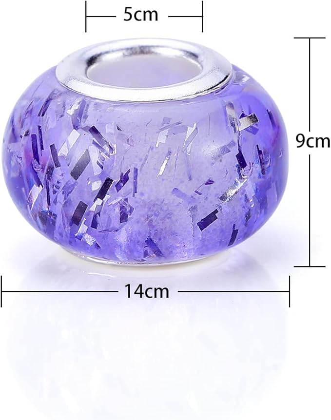 100 Pieces 14mm European Large Hole Spacer Beads Mix Color with Silver Brass Cores Assortments Charm Lampwork Beads Supplies for Necklace Bracelets Jewelry Making (Built-in Glitter Beads)