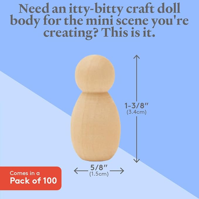 Wood Peg Dolls, 1-1/8 Inch Round Baby Shape Peg People, Pack of 100 Wooden Dolls, Strong Birch Wood People Figures, Peg Dolls Unfinished, Wooden Pegs for Crafts