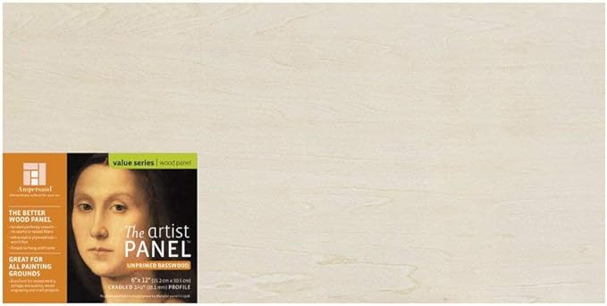 Ampersand Art Supply Unprimed Basswood Artist Panel, 1-1/2" Cradled Profile, 6"x12"