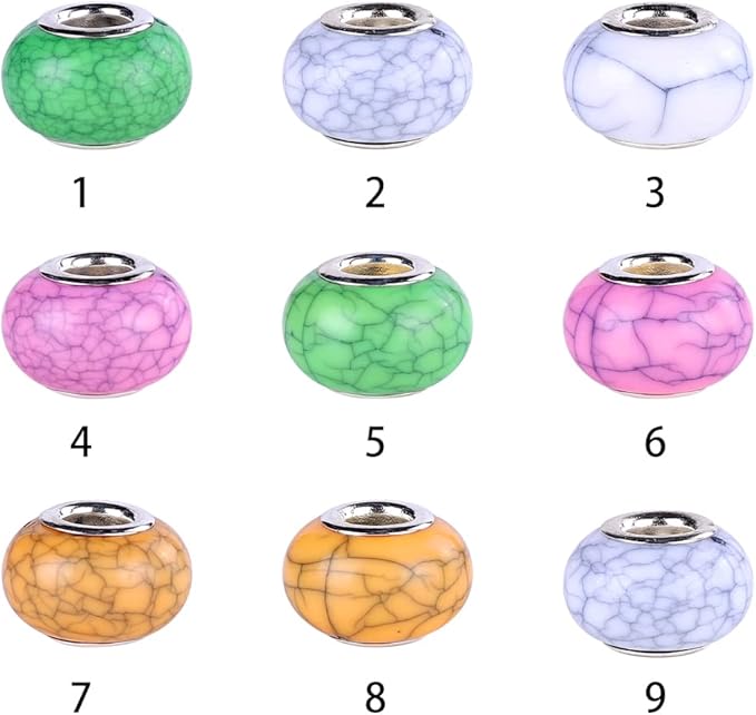 100 Pieces 14mm European Large Hole Spacer Beads Mix Color with Silver Brass Cores Assortments Charm Lampwork Beads Supplies for Necklace Bracelets Jewelry Making (Crack Opaque)
