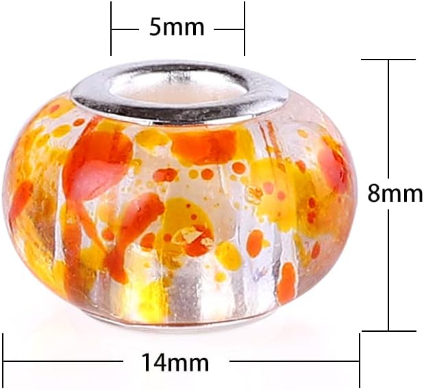 100 Pieces 14mm European Large Hole Spacer Beads Mix Color with Silver Brass Cores Assortments Charm Lampwork Beads Supplies for Necklace Bracelets Jewelry Making (Transparent Spray)