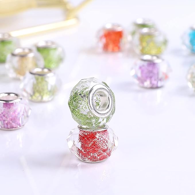 100 Pieces 14mm European Large Hole Spacer Beads Mix Color with Silver Brass Cores Assortments Charm Lampwork Beads Supplies for Necklace Bracelets Jewelry Making (Faceted Powder)