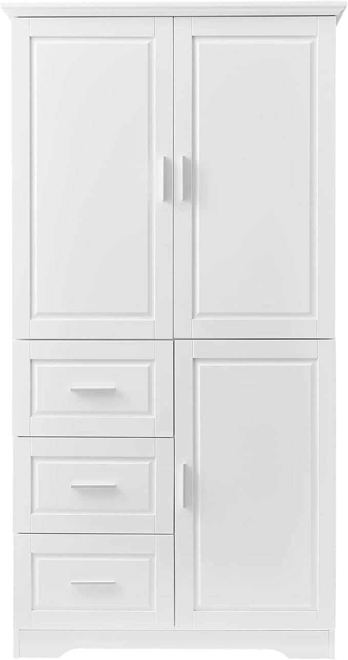 Large Storage Cabinet with 3 Doors and 3 Drawers, Freestanding Cabinet with Adjustable Shelves, Tall Modern Versatile Cupboard for Home Office Livingroom (White)