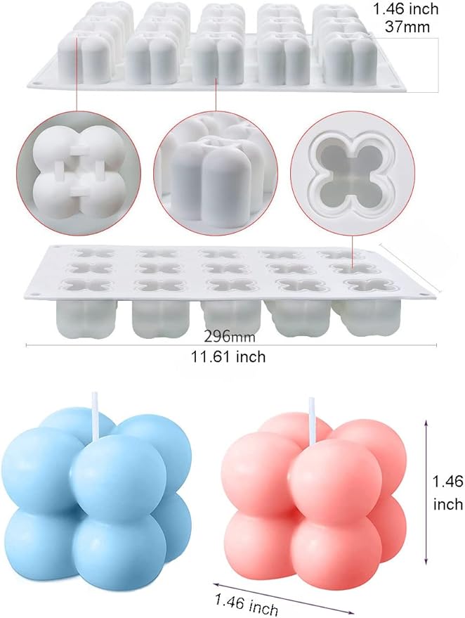 Konrisa 3D Bubble Candle Molds, 15 Cavity Cube Silicone Molds for Candles Making Soy Wax, Bubble Cake Molds for Baking Chocolate Dessert Cheesecake Mousse Cake Jelly Pudding