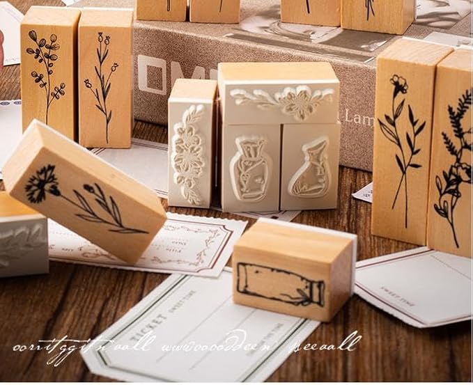 18 Pcs Stamps for Crafting, 2 Styles Plant Rubber Stamps for Crafting, Green and Black Ink Stamps, Wooden Flower