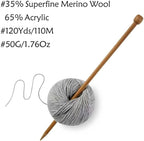 Merino Wool Yarn, 12-Ply Luxurious and Soft Yarn for Hand Knitting & Crocheting, 1.76 OZ/50g, 120 yds/110 Meters(Light Gray,6Balls)
