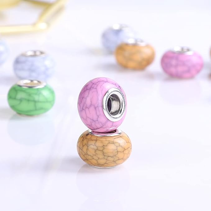 100 Pieces 14mm European Large Hole Spacer Beads Mix Color with Silver Brass Cores Assortments Charm Lampwork Beads Supplies for Necklace Bracelets Jewelry Making (Crack Opaque)