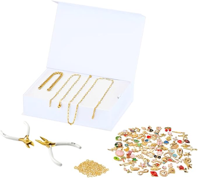 FabuLove Charm Jewelry Kit - DIY Necklace, Bracelet & Ring Set with 100+ Charms, Tools & Jump Rings | Personalized Accessories for Women | Fun Craft Activity for Friends & Family (Gold)