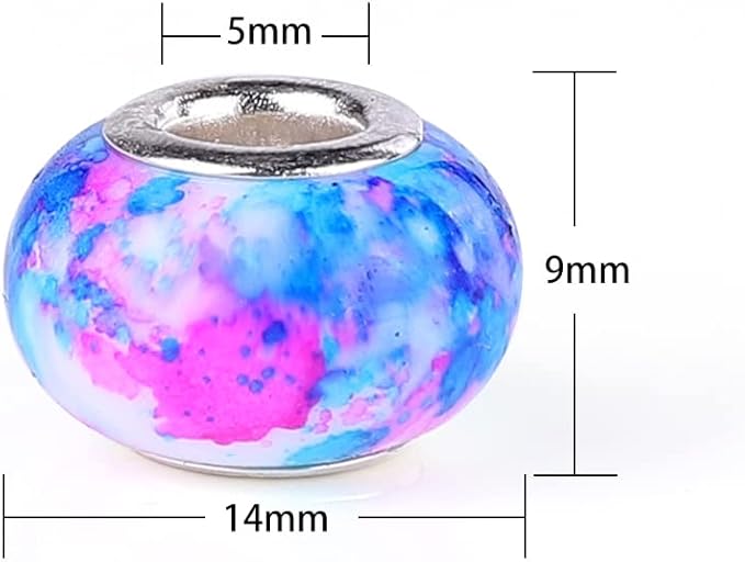 100 Pieces 14mm European Large Hole Spacer Beads Mix Color with Silver Brass Cores Assortments Charm Lampwork Beads Supplies for Necklace Bracelets Jewelry Making (Water Pattern)