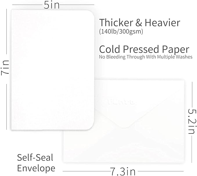 Funto Blank Watercolor Cards and Envelopes, 50 Cards, 5x7'', 140lb/300gsm, White, Acid-Free, Heavyweight Paper for All Occasions