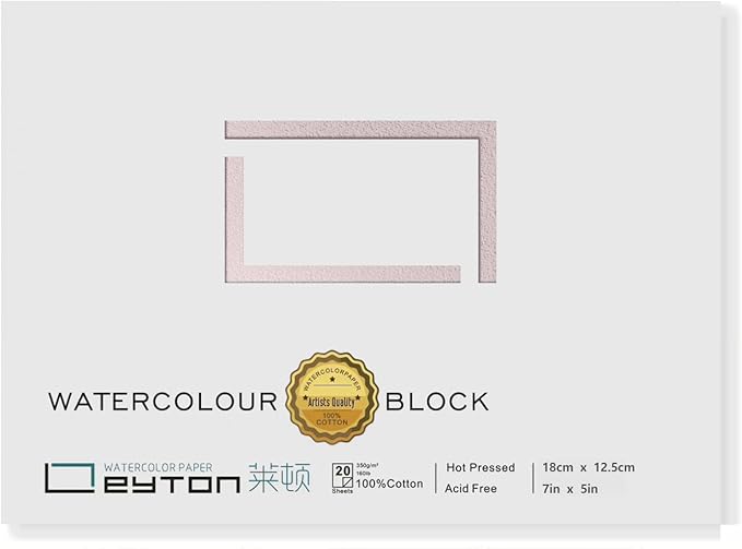 Non-Warping 100% Cotton Watercolor Paper Block - 20 Sheets of 160lb/350gsm Hot Press Water Color Art Supplies for Wet, Dry, and Mixed Media Painting, for Watercolor, Gouache, Acrylic (7 x 5'')