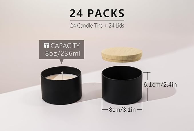Aroparc Candle Tins 8oz with Lids, 24 Pack Seamless Candle Containers for Candle Making Supplies Empty Candle Jars - Wood Grain Lids Black Tins
